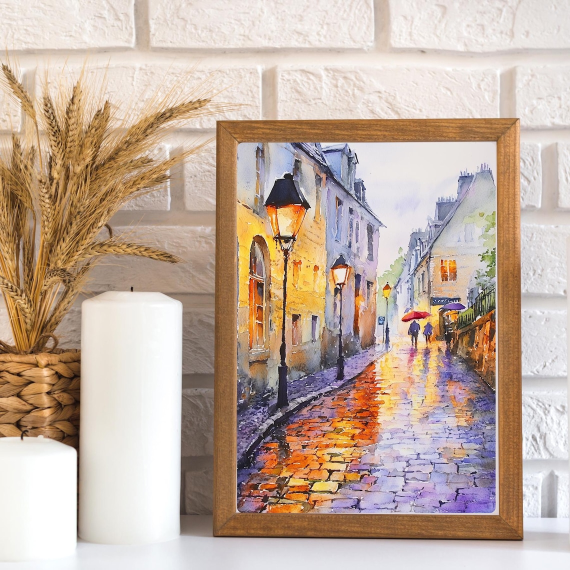 Rainy European Cobblestone Street Lamp Glow Watercolor Poster - Image 3