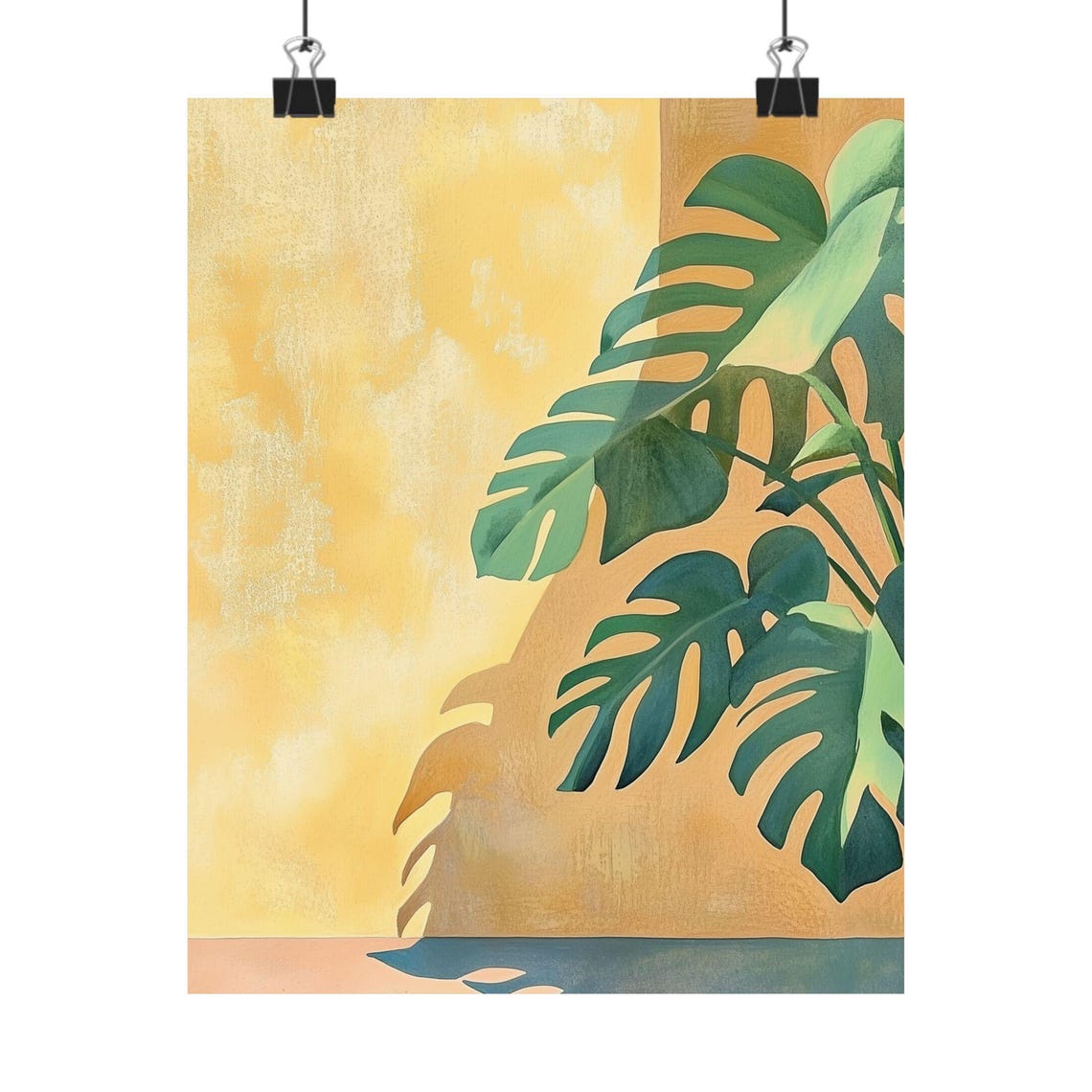 Monstera Leaf Shadows Cast on a Warm Mustard Yellow Wall Poster