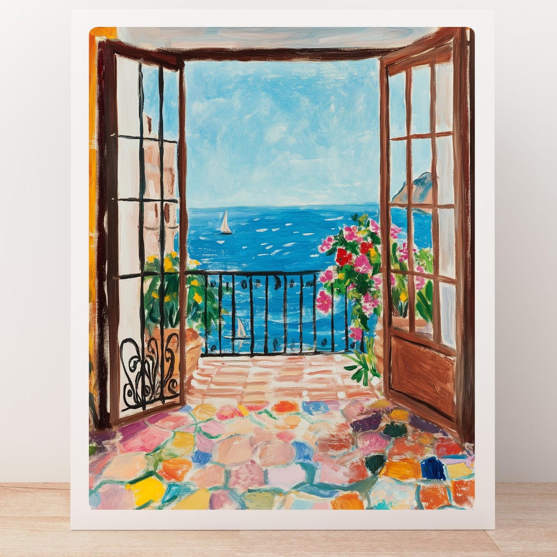 Mediterranean Terrace Doors Framing a Sailboat Sea View Poster - Image 4