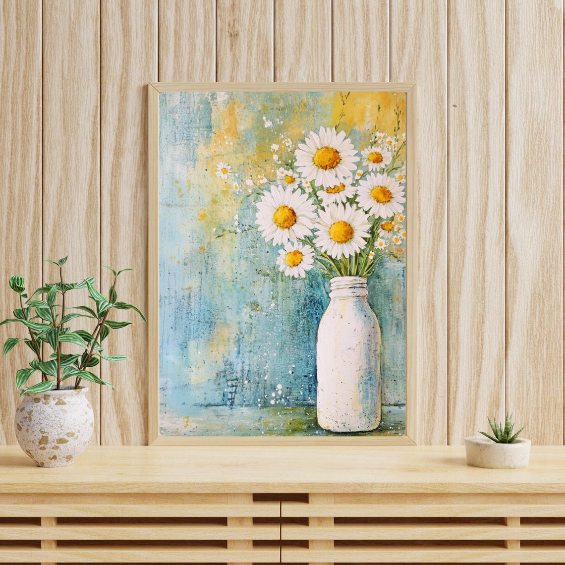 White Daisies in a Milk Bottle Rustic Spring Floral Art Print - Image 3