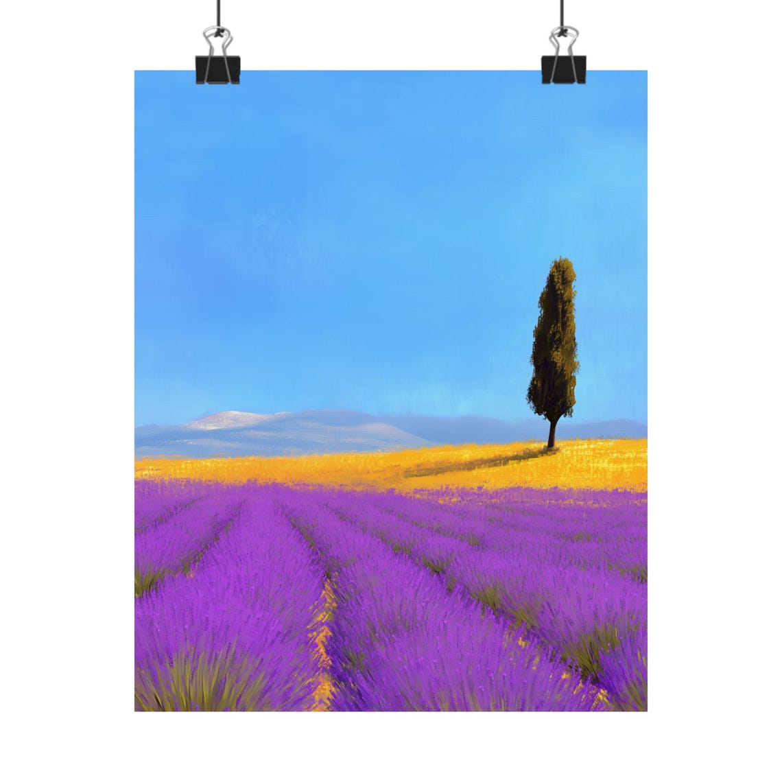 Provence Lavender Field with a Single Cypress Tree at Dusk Print