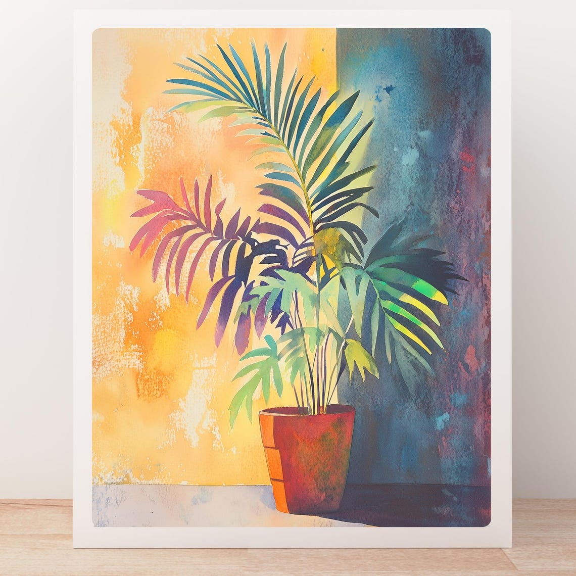 Sunlit Potted Palm Against a Warm Yellow and Blue Wall Poster - Image 5