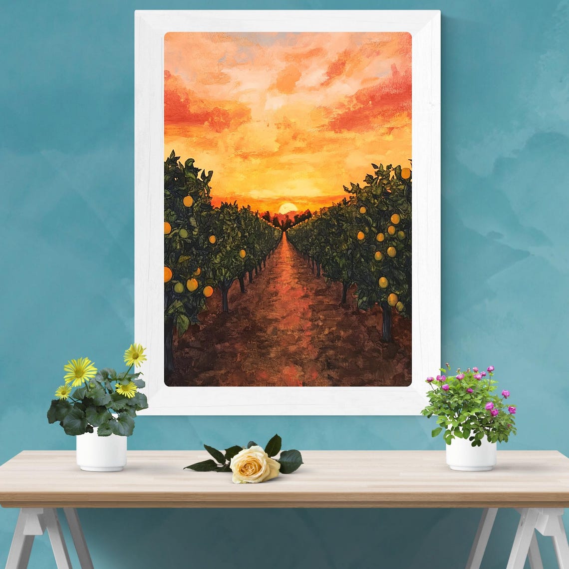 Citrus Orchard Sunset Painting Orange Grove Art Sunset Landscape Print Fruit Tree Artwork Golden Hour Orchard Decor - Image 3