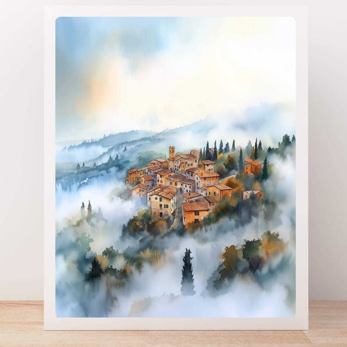 Foggy Italian Hill Town Misty Morning Village Watercolor Poster - Image 5