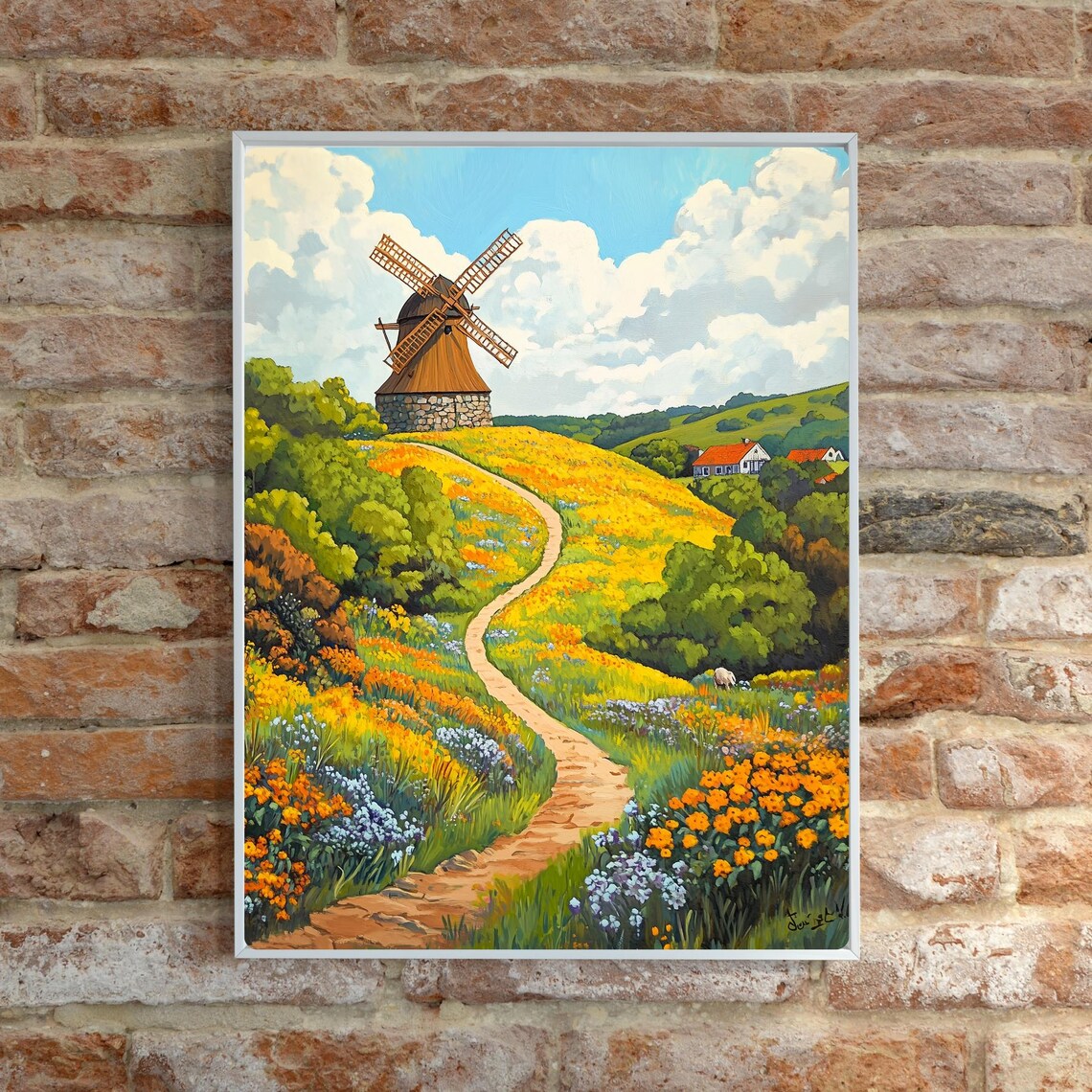 Sunny Windmill Wildflower Meadow Winding Path Landscape Poster - Image 6