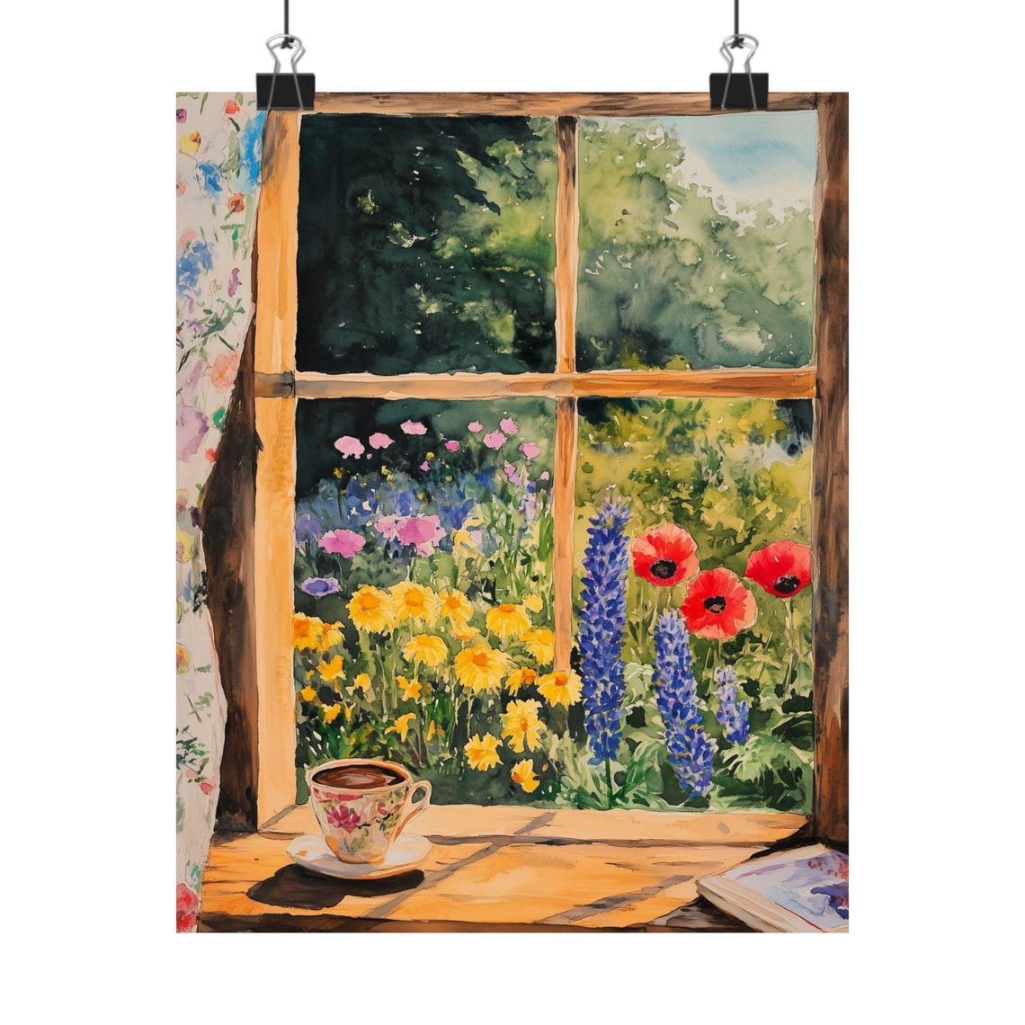 Flower Garden Window with a Coffee Cup and an Open Book Print