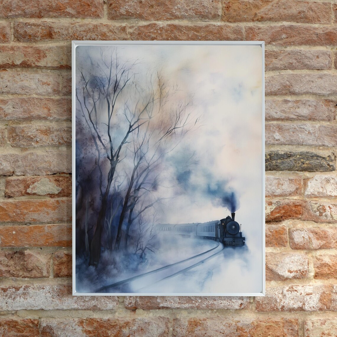 Ghostly Steam Train in Winter Mist Watercolor Railroad Scene Poster - Image 6