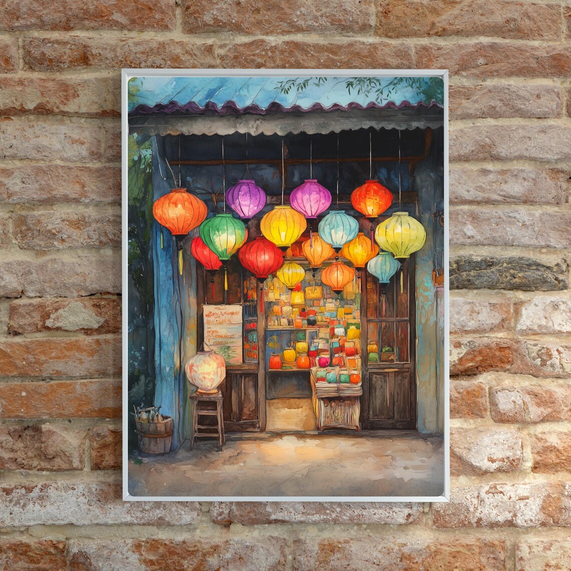 Vietnamese Lantern Shop Colorful Silk Lanterns Watercolor Poster - Image 6