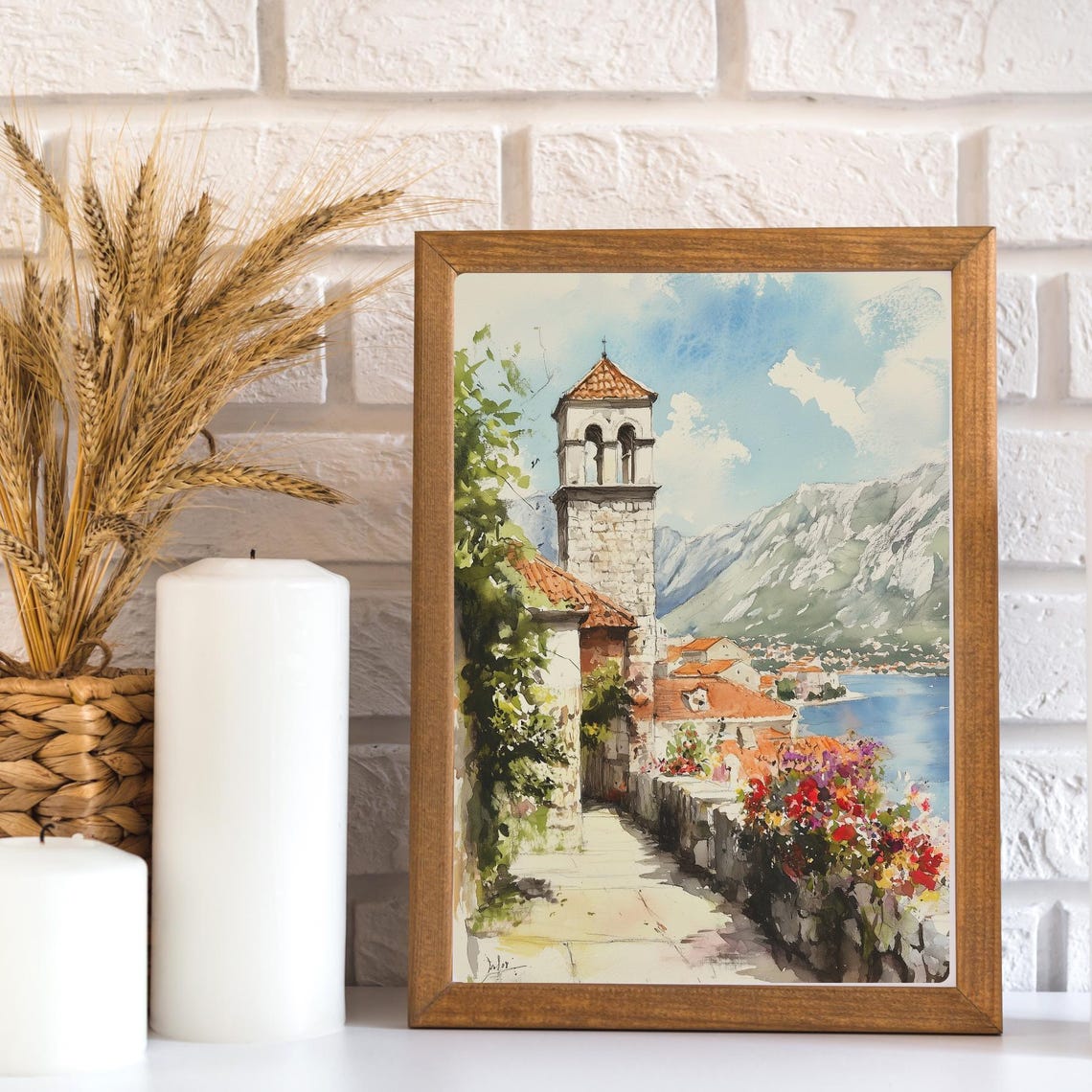 Kotor Montenegro Bell Tower Bay Blooming Flowers Watercolor Poster - Image 2