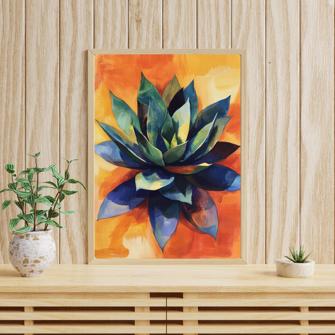 Blue Agave Oil Painting Bold Orange Background Botanical Poster - Image 4
