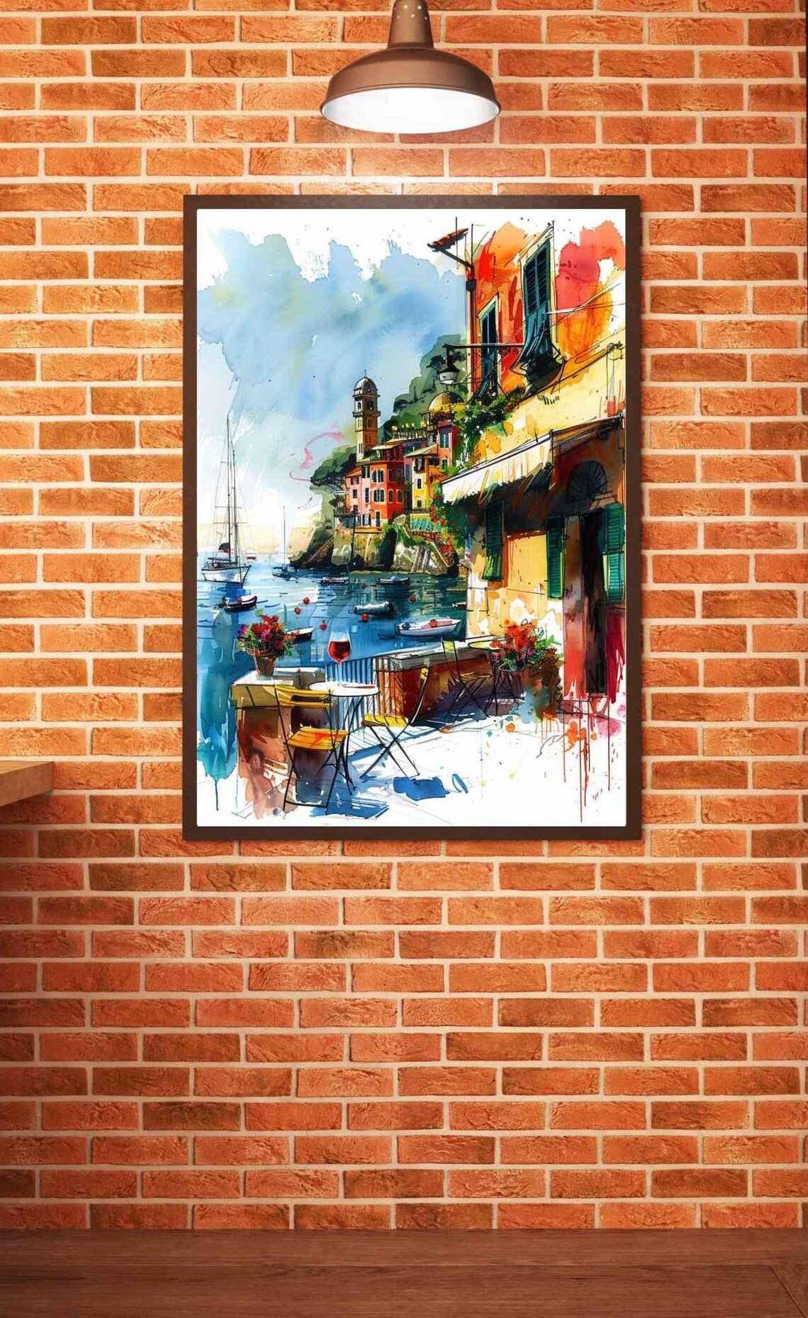 Portofino Harbor Cafe with Colorful Houses Watercolor Poster