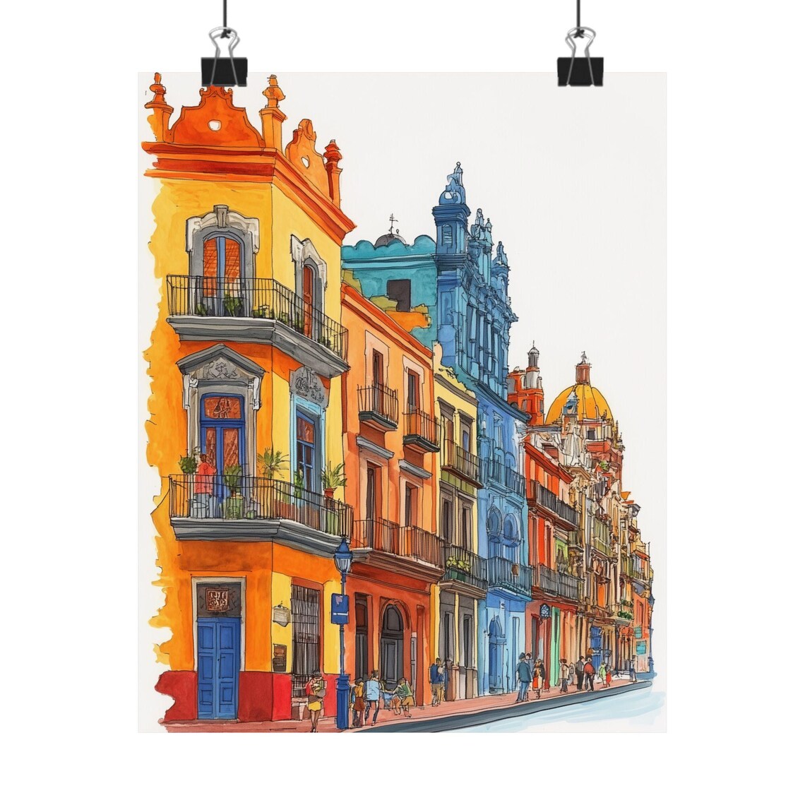Mexico City Historic Center Colorful Colonial Street Scene Poster