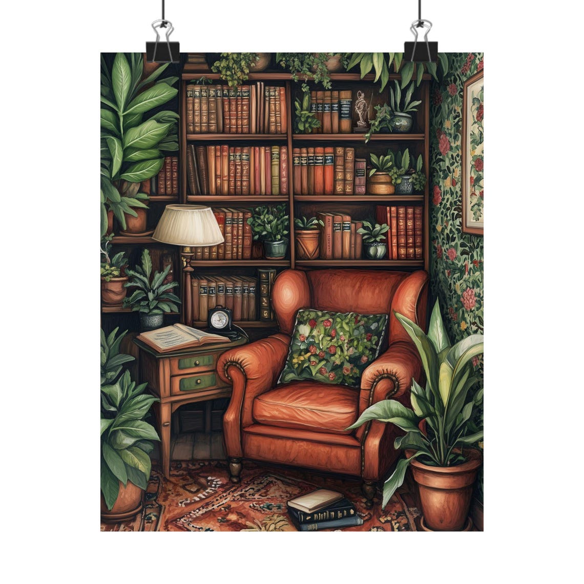 Botanical Reading Nook with a Leather Armchair and Books Print