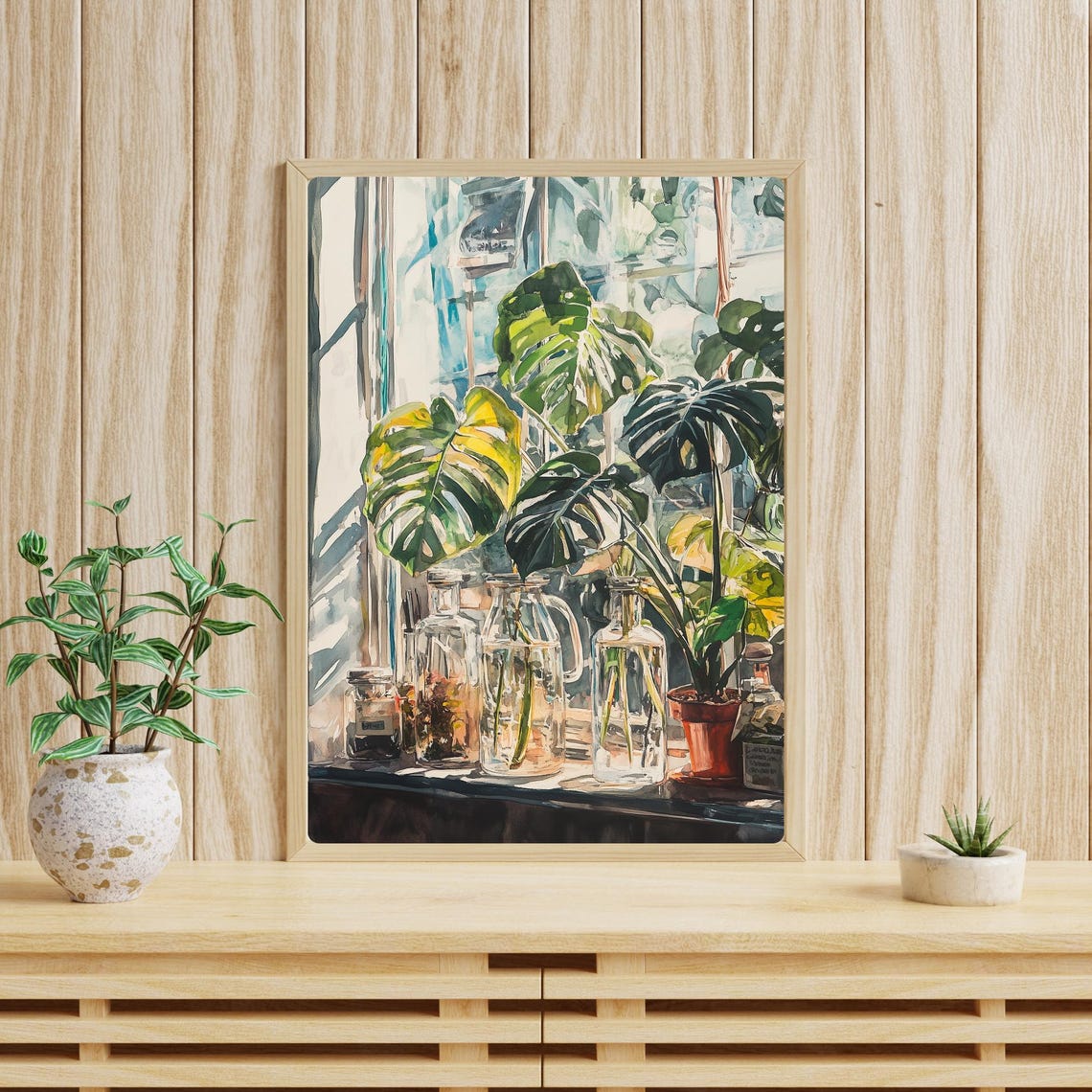 Sunlit Windowsill with Monstera Leaves and Glass Jars Poster - Image 4