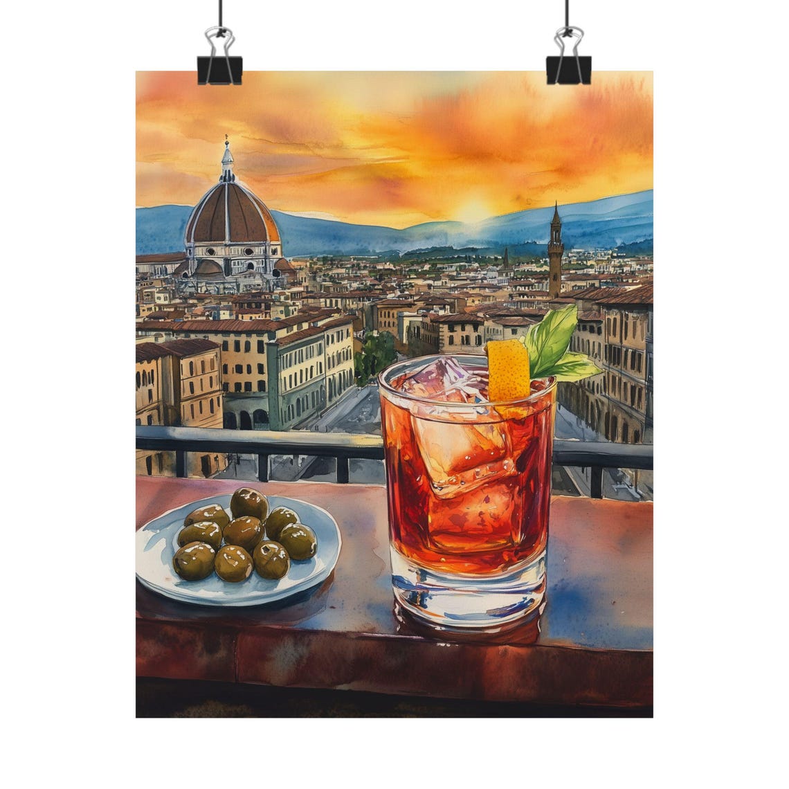 Negroni with Olives Overlooking Florence Cathedral at Sunset Poster
