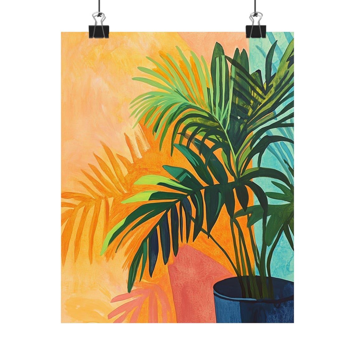 Potted Palm Fronds Casting Shadows on a Bright Orange Wall Poster