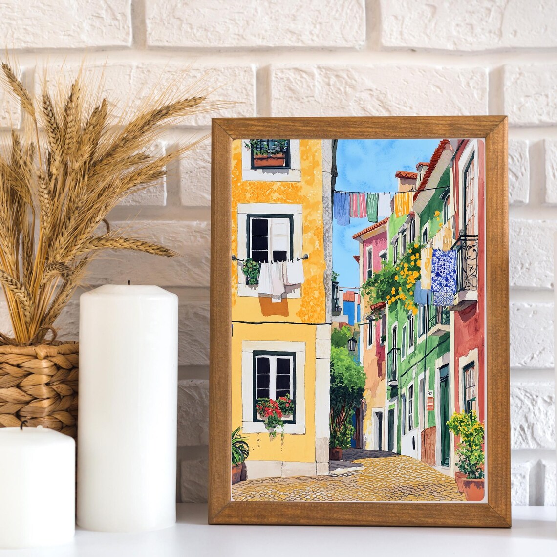 Alfama Lisbon Cobblestone Street with Hanging Laundry Lines Poster - Image 3