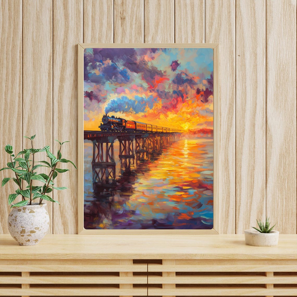Train Art Print Sunset Railway Painting Bridge Landscape Dramatic Sky Wall Art Locomotive Decor Sunset Sky Lake Print - Image 4