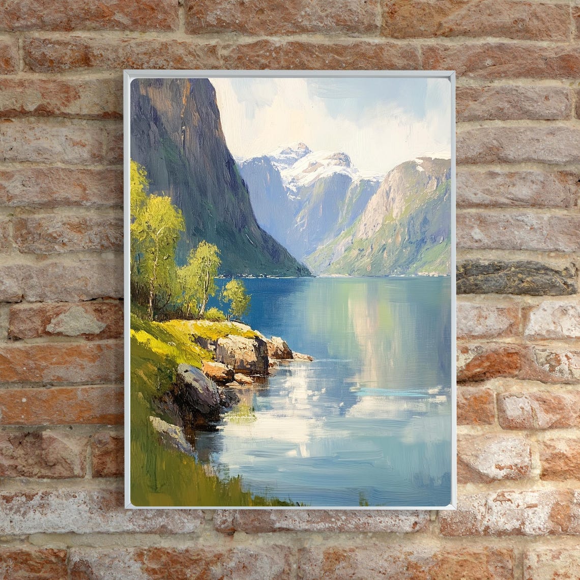 Norwegian Fjord Gouache Painting Scenic Nordic Landscape Art Fjord Wall Decor Serene Mountain Scene Nordic Nature Print - Image 2
