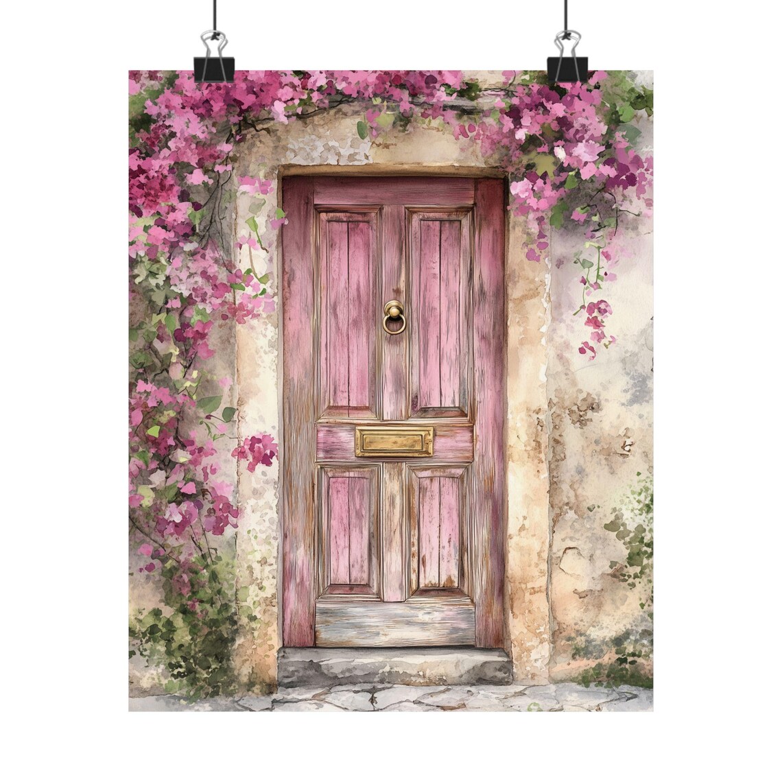 Pink Door Watercolor Art Print, Rustic European Doorway - Image 3
