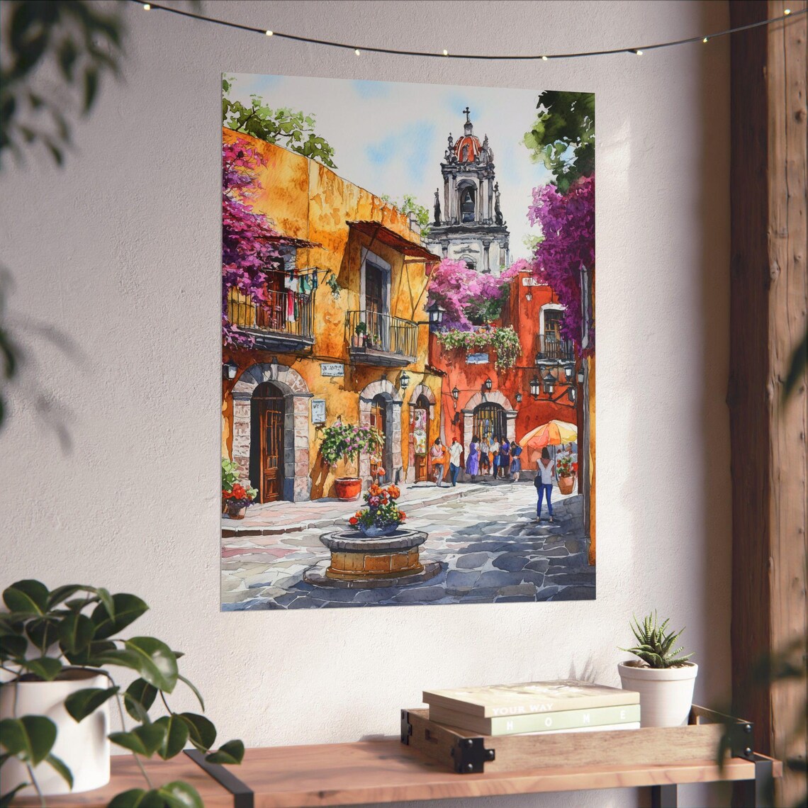 Colorful Coyoacan Plaza with Church Tower and Flower Fountain Poster - Image 3