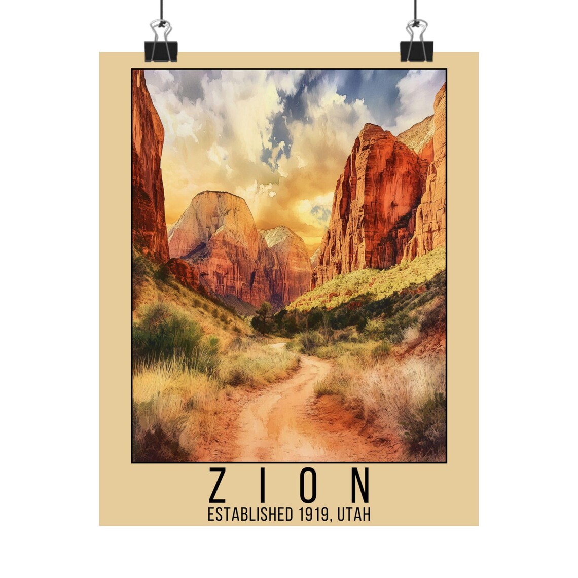 Zion Utah National Park Red Rock Canyon Desert Trail Travel Poster