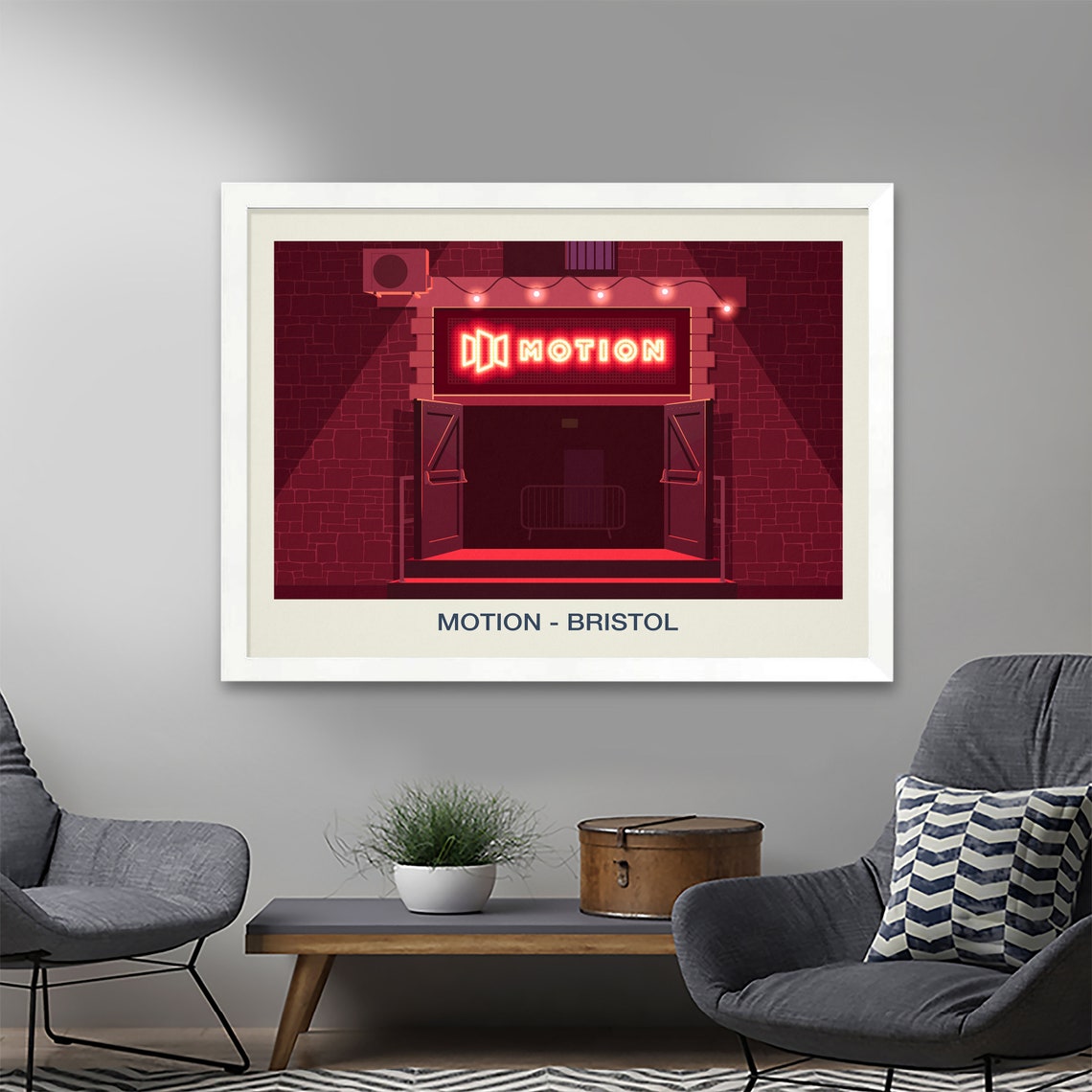 Motion Bristol Nightclub Venue Poster Red Neon Sign Brick Artwork - Image 2
