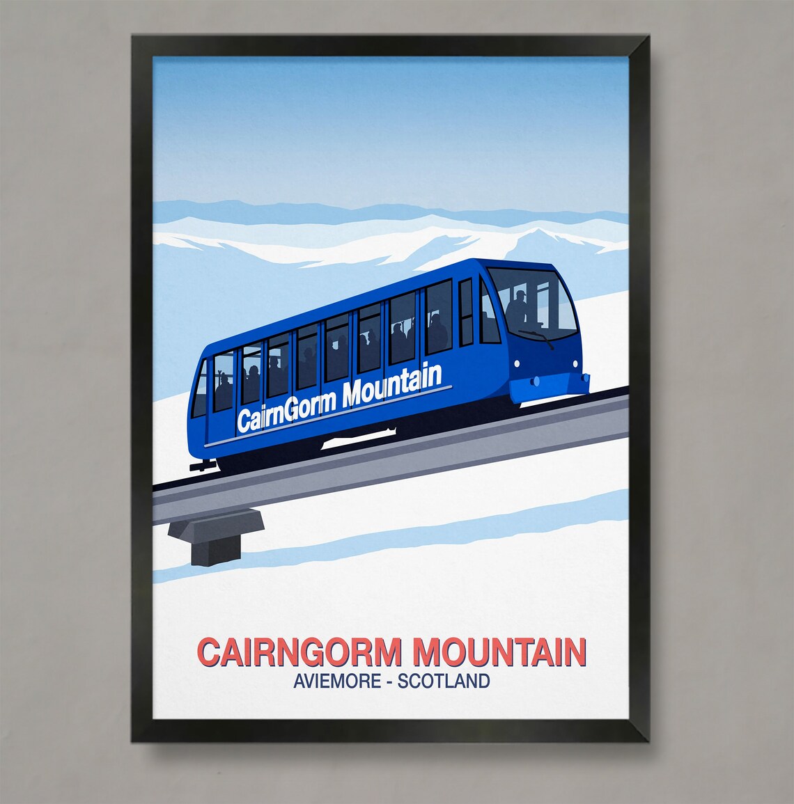 Cairngorm Mountain Poster with Blue Funicular Train Aviemore Scotland