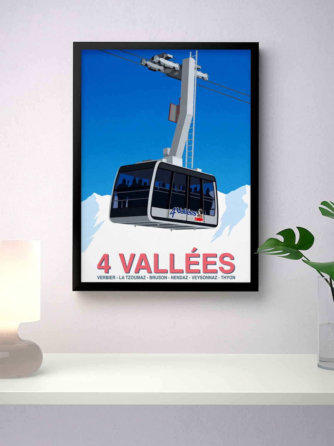 4 Vallees Verbier Mt Fort Gondola Swiss Alps Vintage Ski Art Poster - Image 4