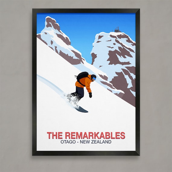 The Remarkables Snowboard Poster with Rider Carving Otago New Zealand