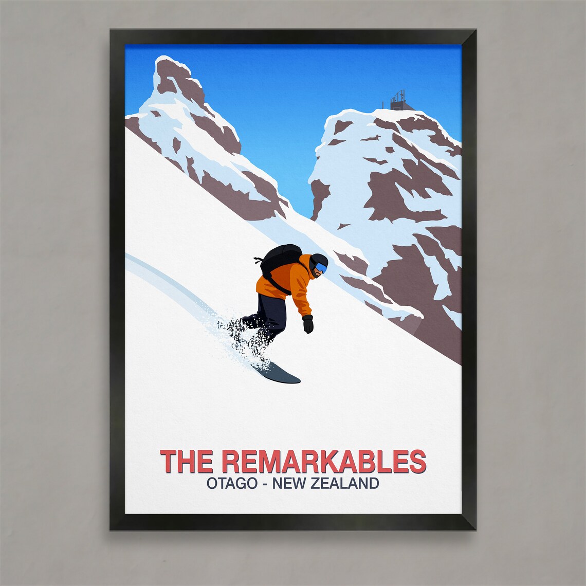 The Remarkables Snowboard Poster with Rider Carving Otago New Zealand
