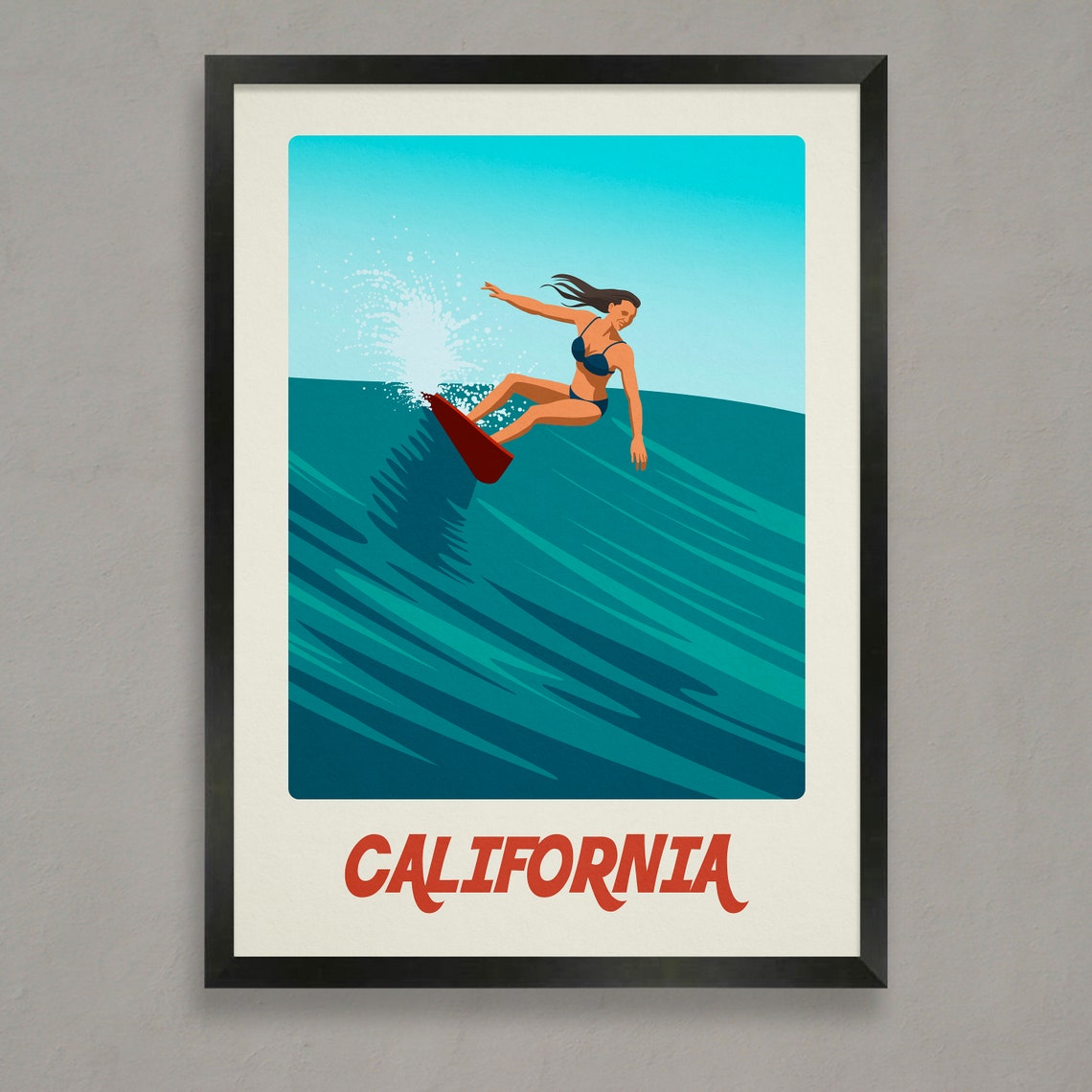 California Surf Poster with Woman Surfer on a Teal Wave Retro Beach