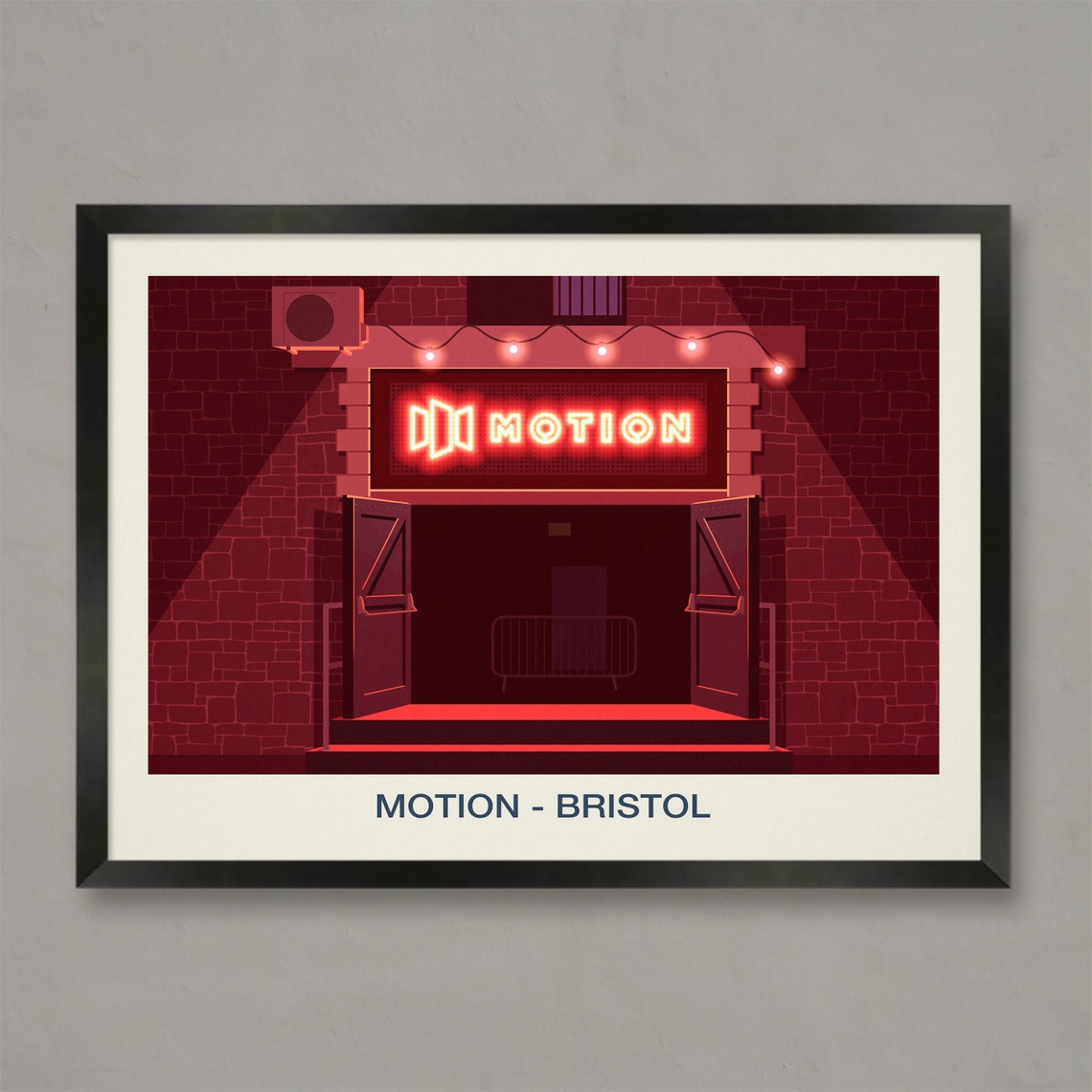 Motion Bristol Nightclub Venue Poster Red Neon Sign Brick Artwork