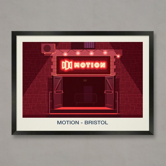 Motion Bristol Nightclub Venue Poster Red Neon Sign Brick Artwork