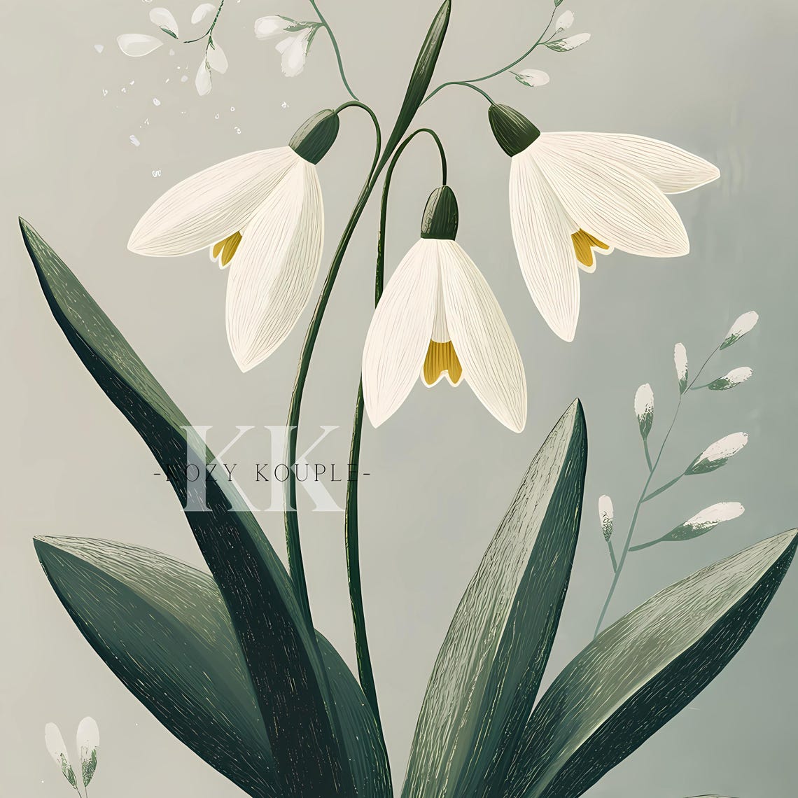White Snowdrop Flowers Botanical Illustration Elegant Wall Art - Image 3