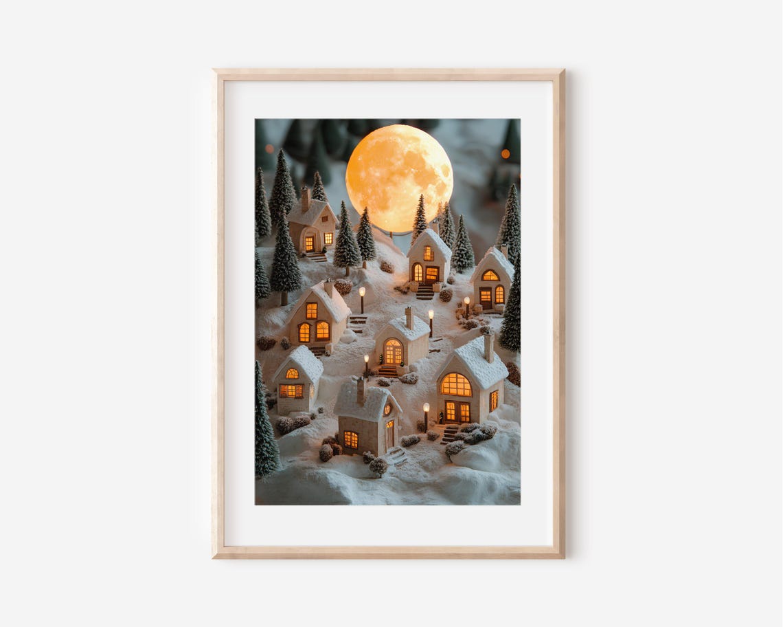 Dreamy Miniature Snowy Village Giant Full Moon Winter Night Poster