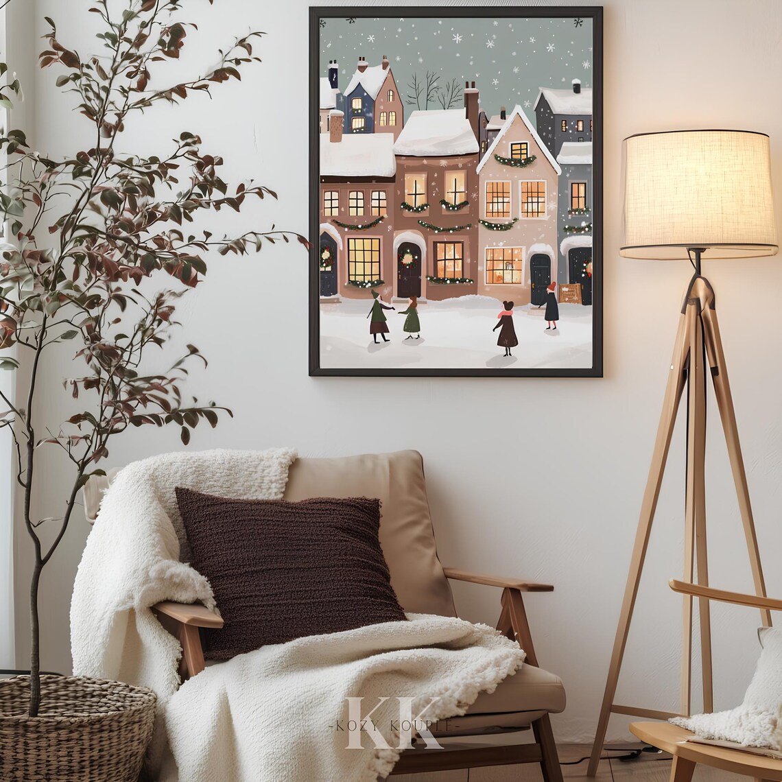Cute Christmas Village Kids Playing in Snow With Garlands Poster - Image 4