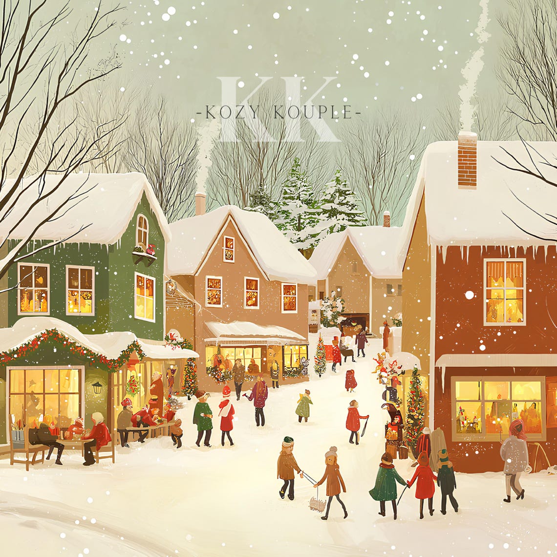Snowy Village Street at Dusk Glowing Shops Falling Snow Poster - Image 4