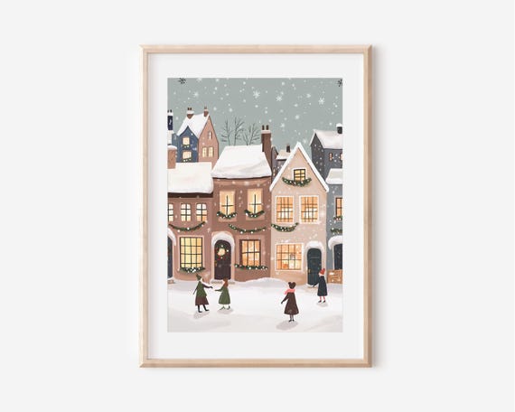 Cozy Christmas Wall Art Winter Village Poster Cute Christmas Decor Snow Season Poster Hello December Print