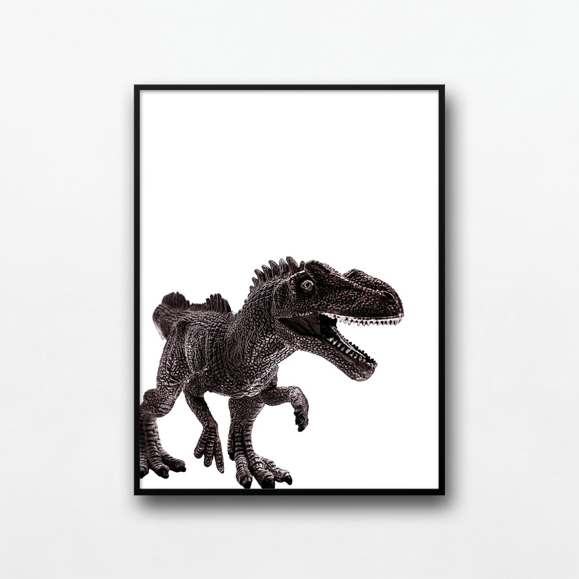 Roaring Carnivore Dinosaur Toy Black White Photo Kids Room Poster