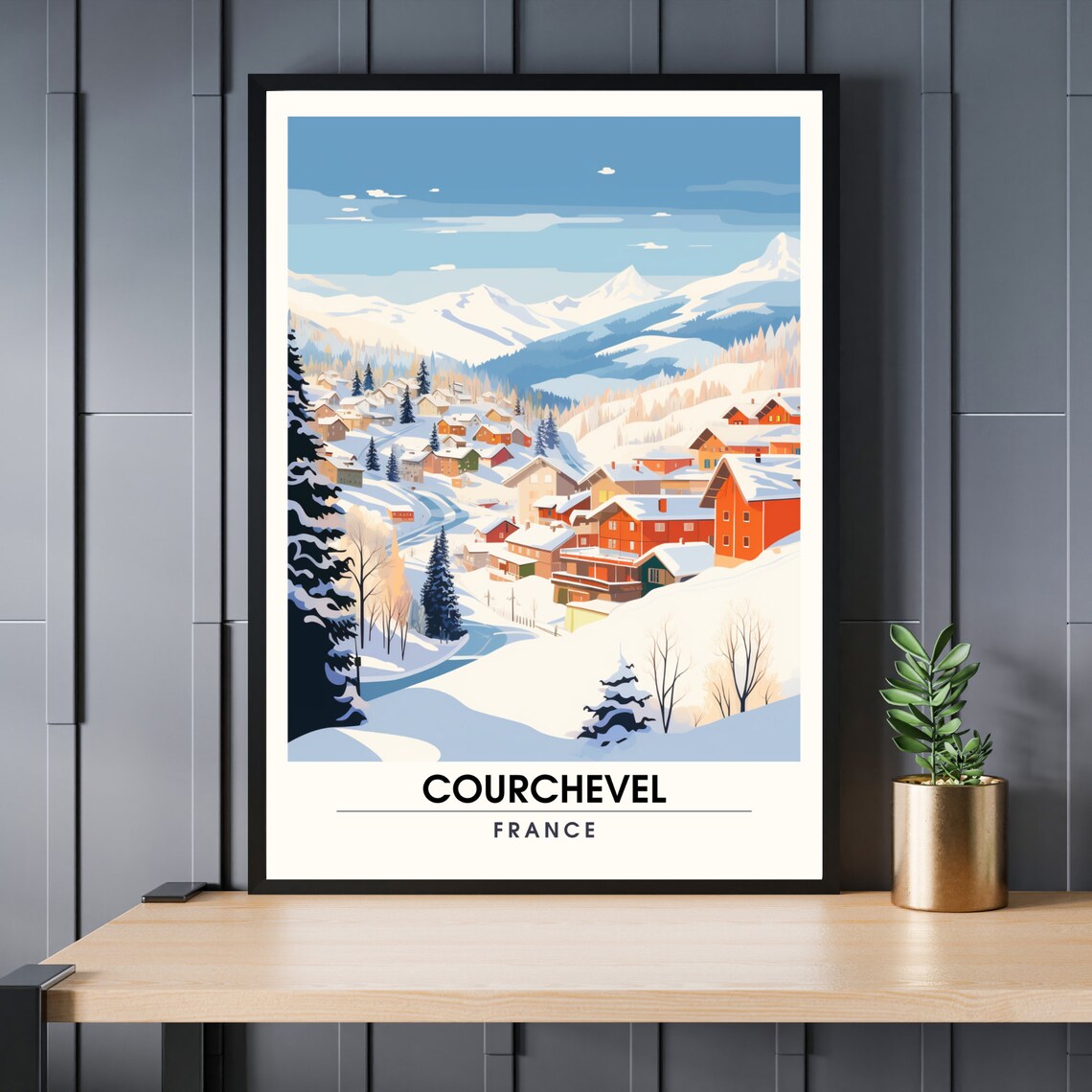 Courchevel France Mountain Chalets Snowy Morning Travel Poster