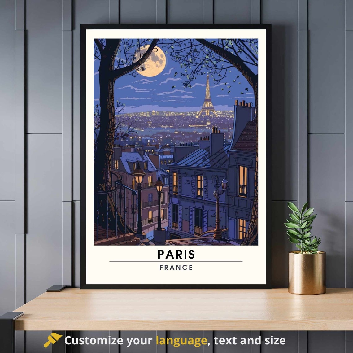 Paris France Moonlit Eiffel Tower Night Travel Illustration Poster