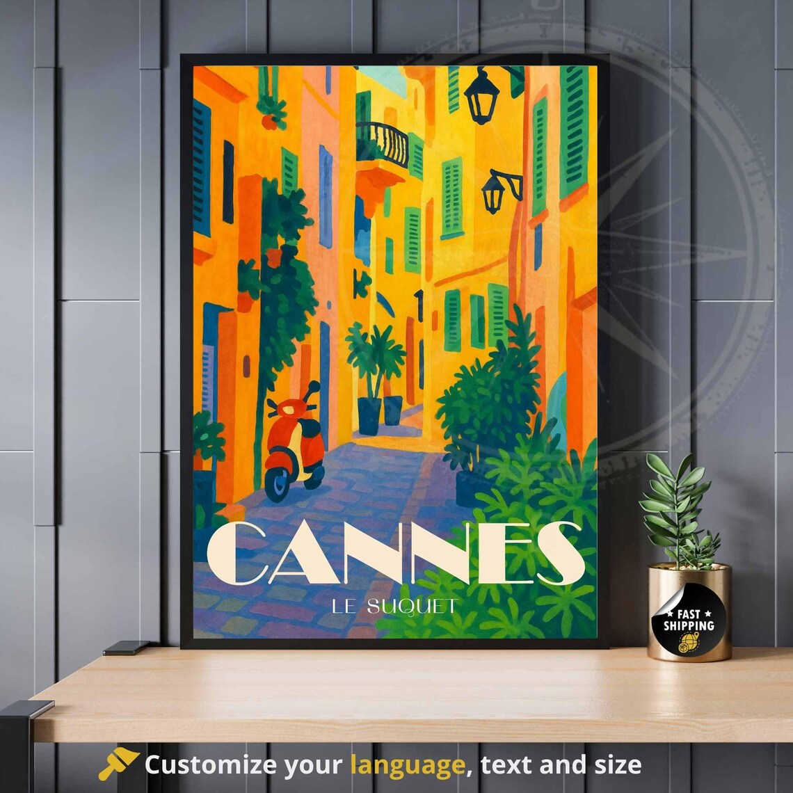 Cannes Le Suquet France Colorful Old Town Alley Vespa Travel Poster