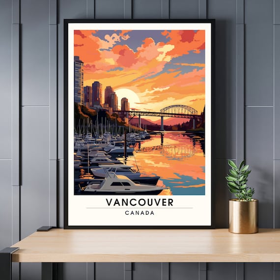 Vancouver Canada Harbor Sunset Poster With Bridge Boats City Travel Art