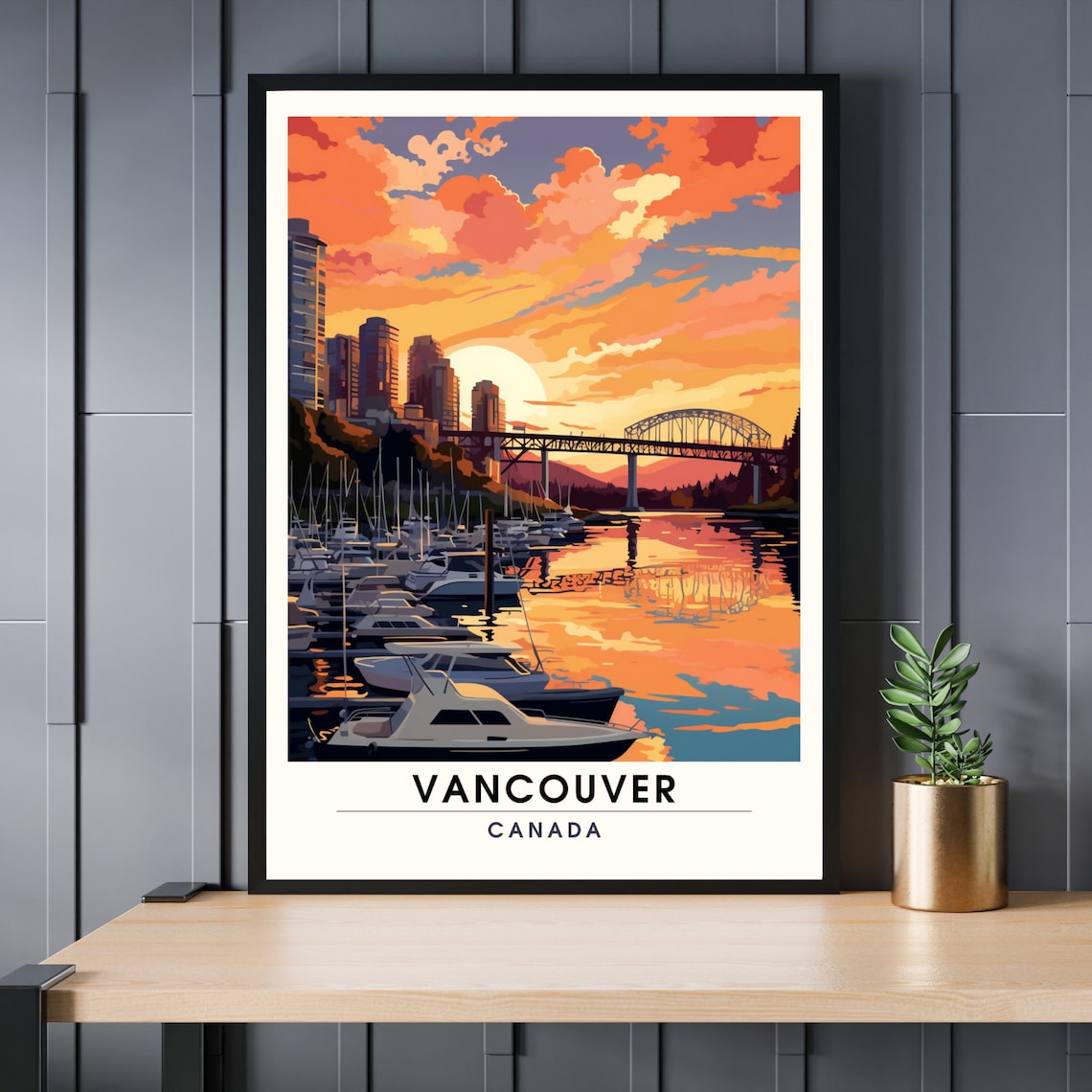 Vancouver Canada Harbor Sunset Poster With Bridge Boats City Travel Art