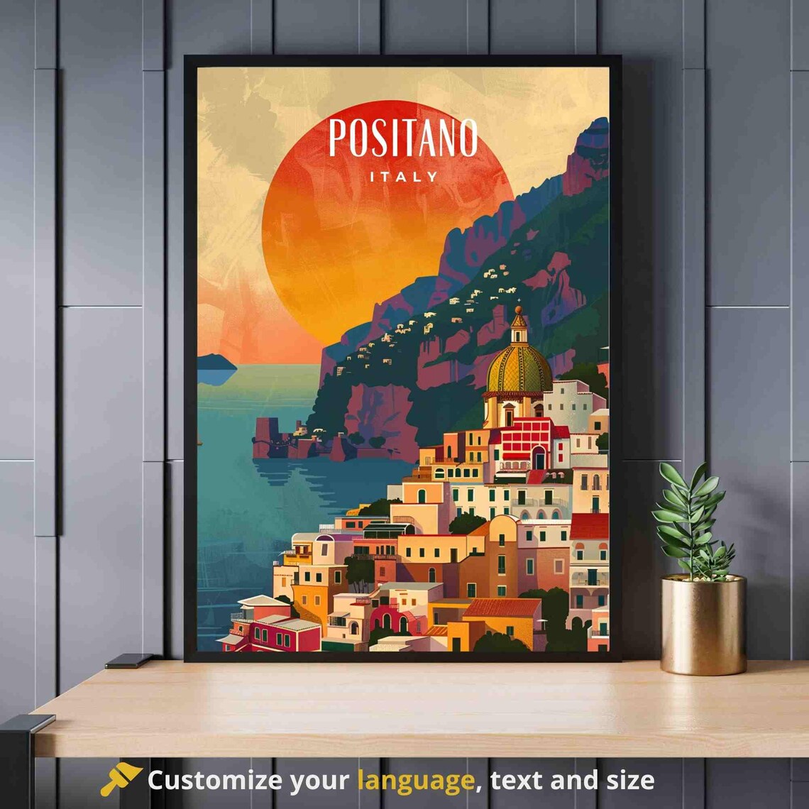 Positano Italy Sunset Over Cliffside Town Golden Dome Travel Poster