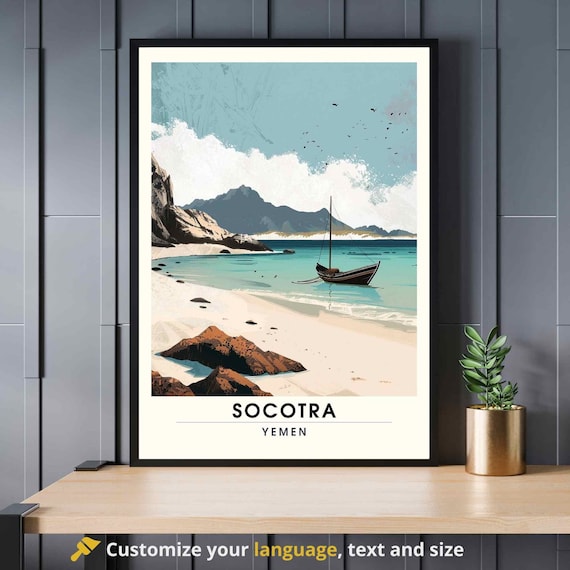 Socotra Yemen Sailboat White Sand Beach Mountain Coast Travel Poster