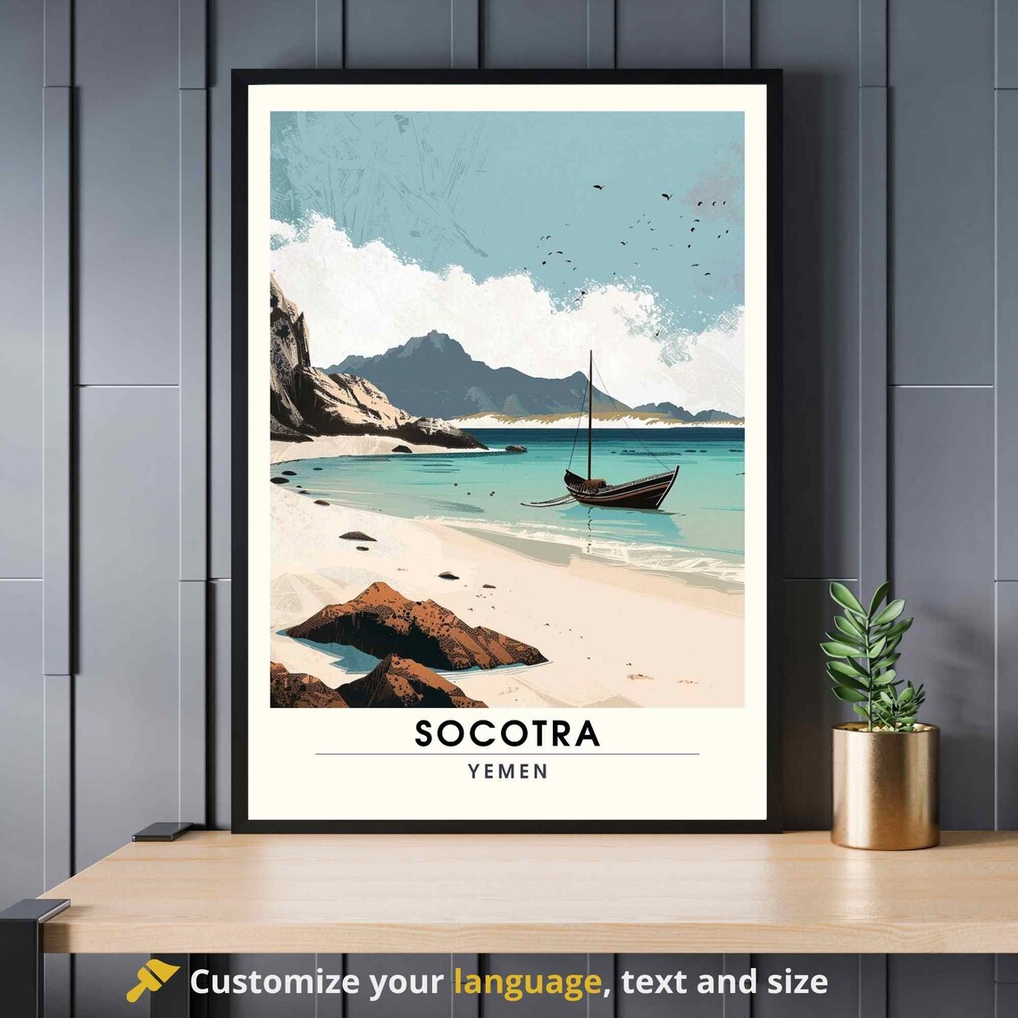 Socotra Yemen Sailboat White Sand Beach Mountain Coast Travel Poster