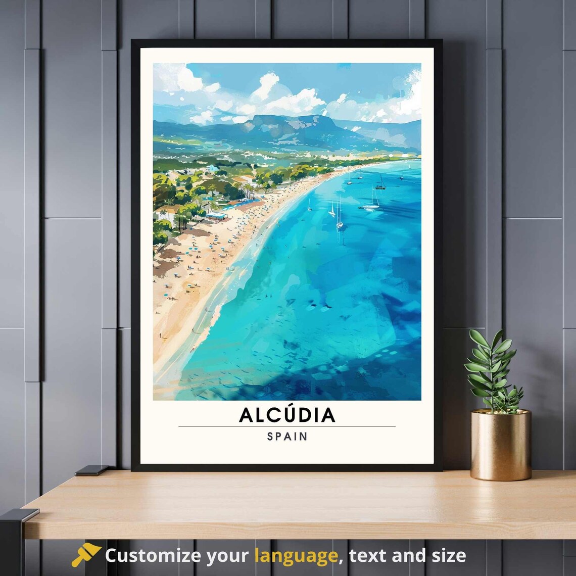 Alcúdia Spain Beach Aerial View Vintage Coastal Travel Poster