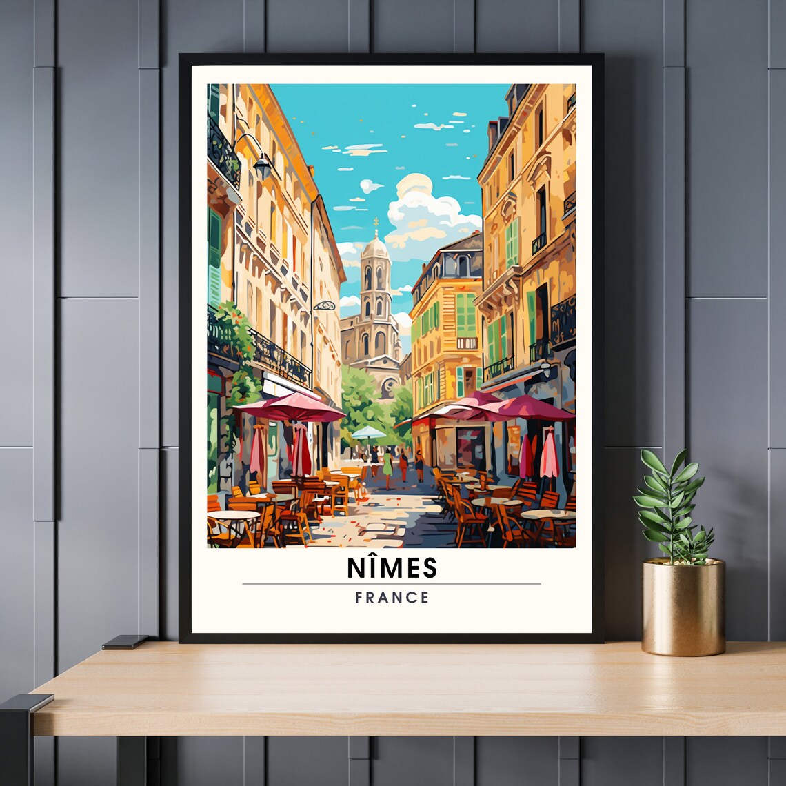 Nimes France Cafe Street Old Town Church Vintage Travel Poster